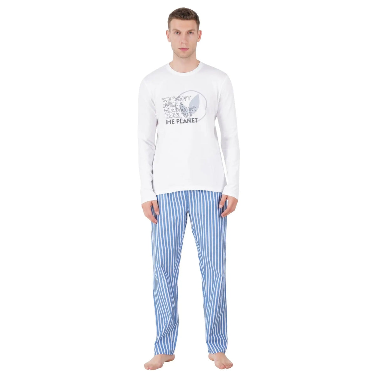 Men’s Cotton Nightwear Set (White & Blue) | AR-1607