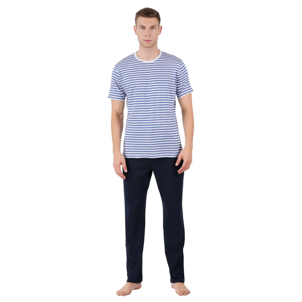 Men’s Cotton Knitted Nightwear Set (Striped Blue) | AR-1604