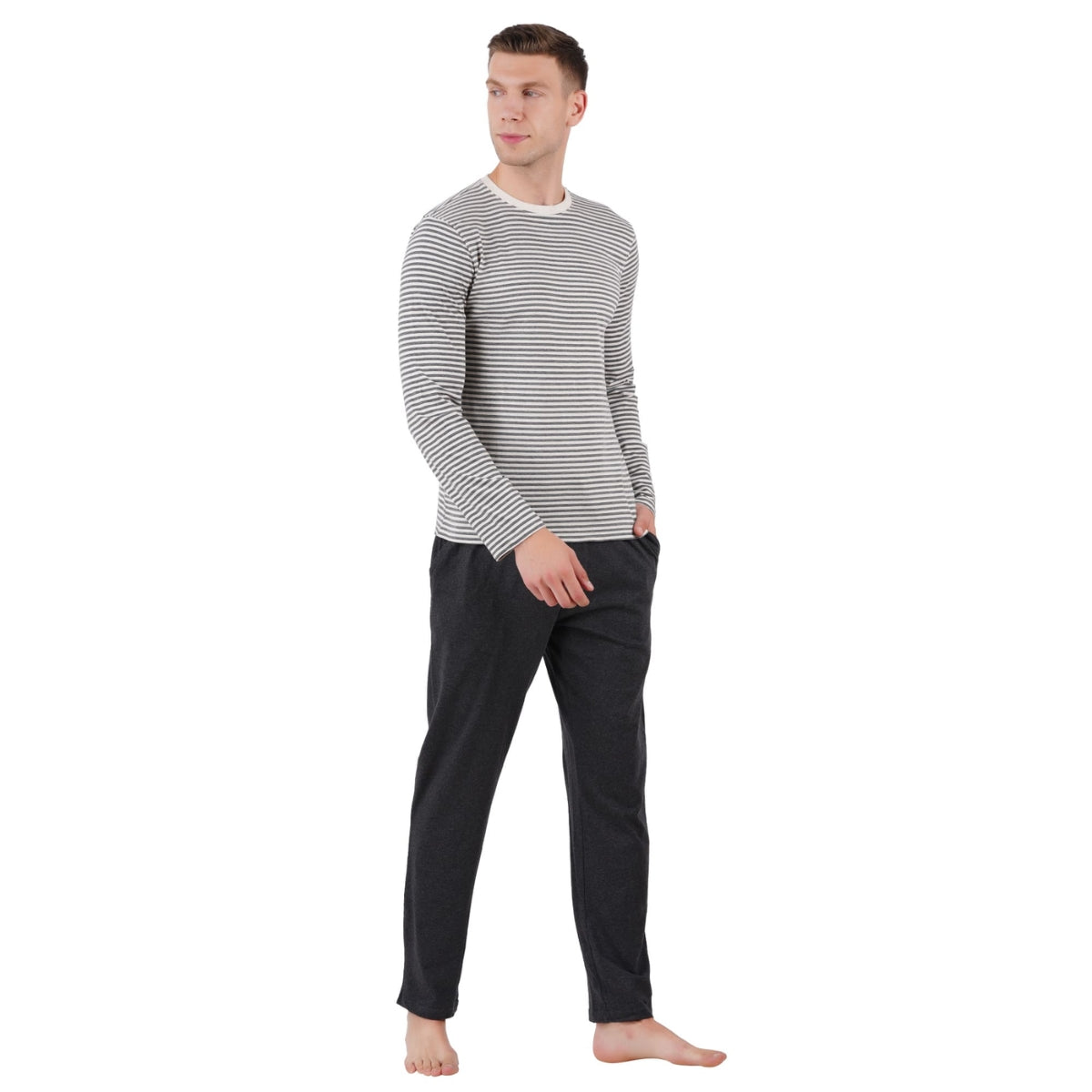 Men’s Cotton Knitted Nightwear (Striped Grey) | AR-1603
