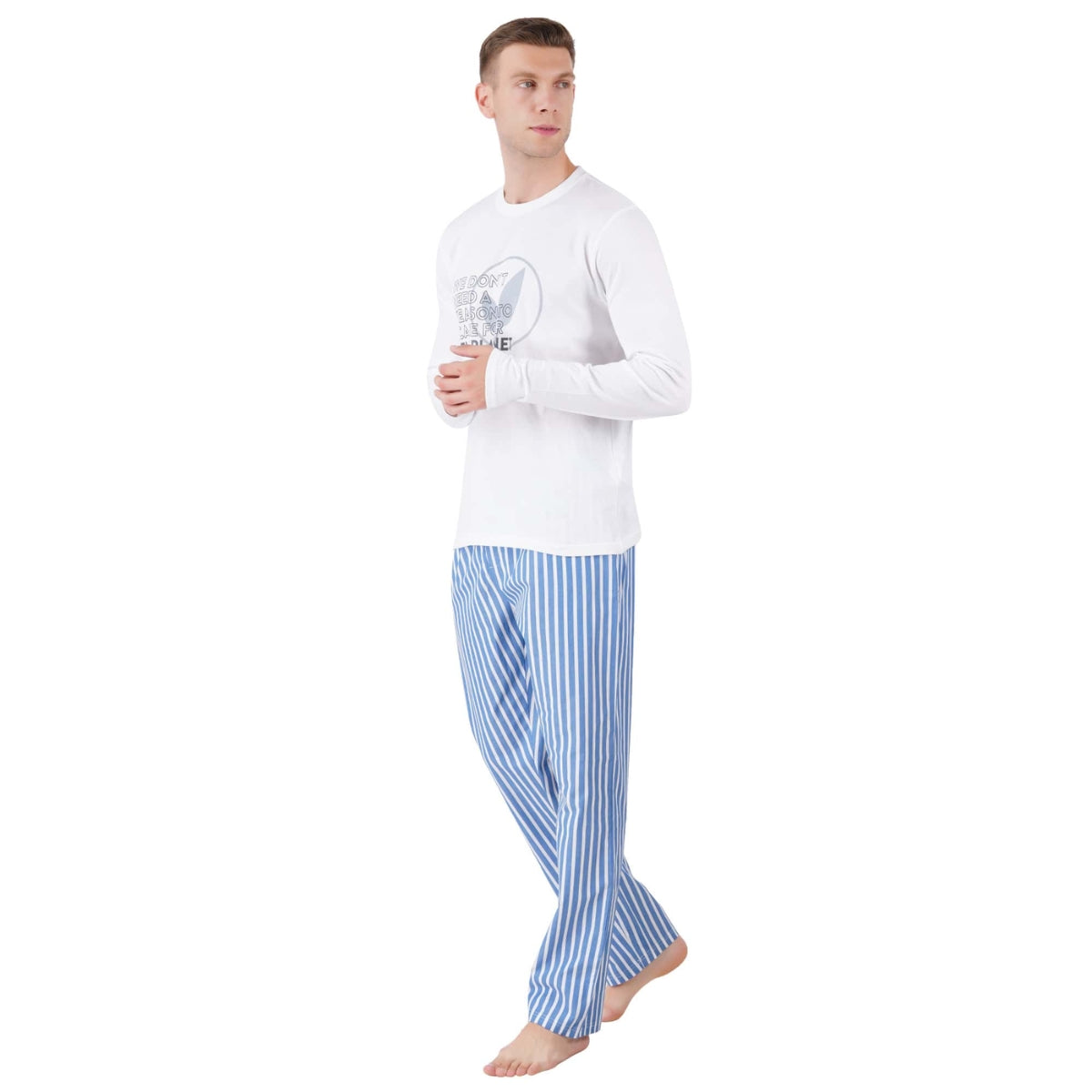Men’s Cotton Nightwear Set (White & Blue) | AR-1607