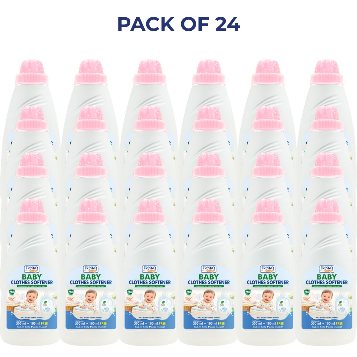 Pack of 24 bottles of baby clothes softener with pink caps on a white background
