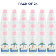 Pack of 24 bottles of baby clothes softener with pink caps on a white background